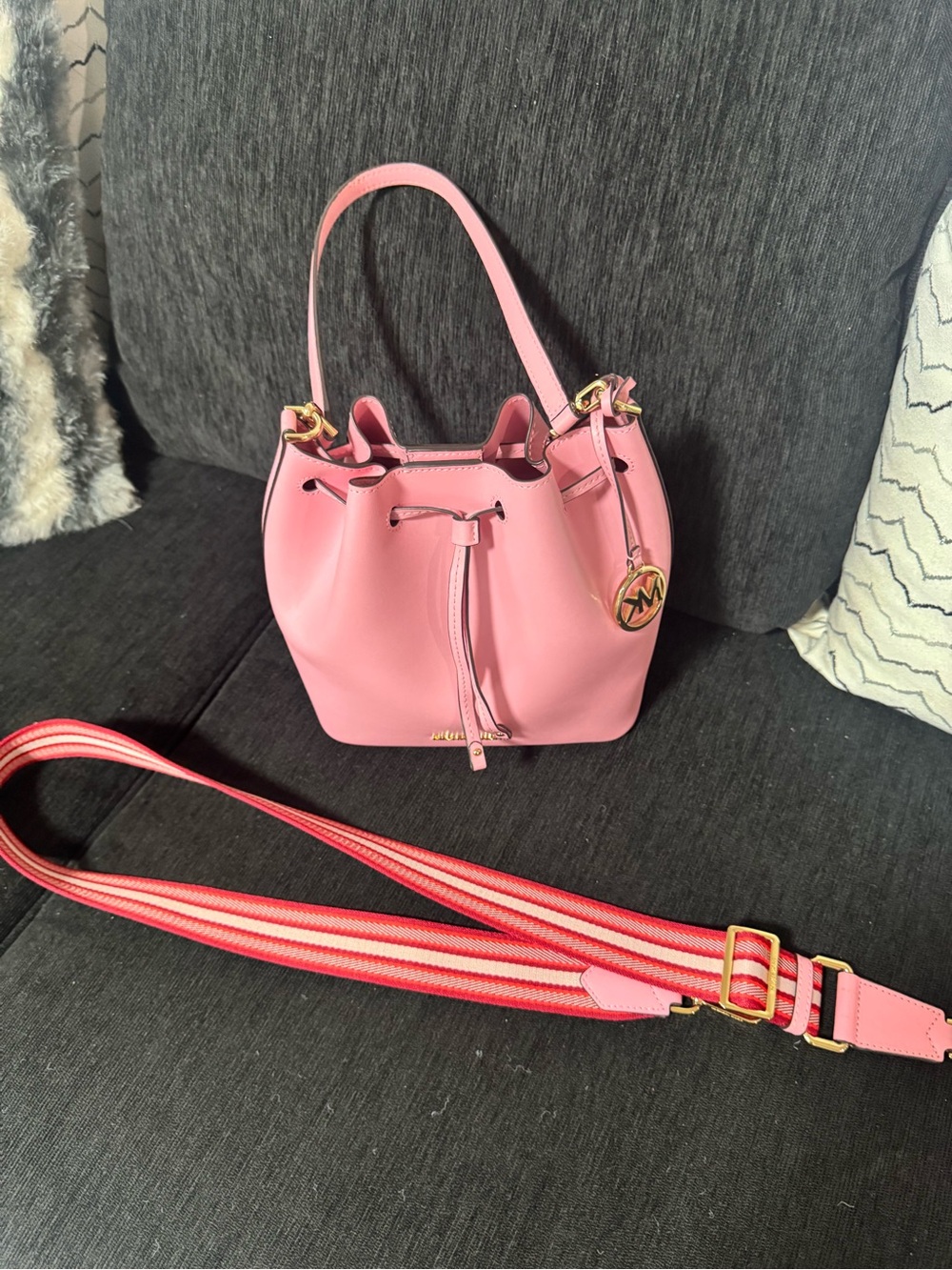 Michael Kors Pink Leather Drawstring Bucket Crossbody